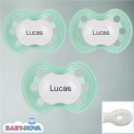 Pakke med 3 stk. Baby Nova sutter med navn (Mint Gr�n) Symmetriske Silikone fra 6 md.